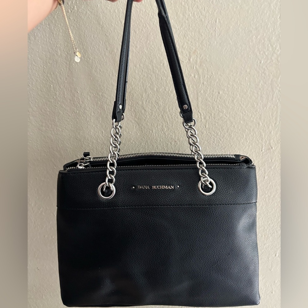 Dana Buchman Black Leather Shoulder Bag with Elegant Silver Chain